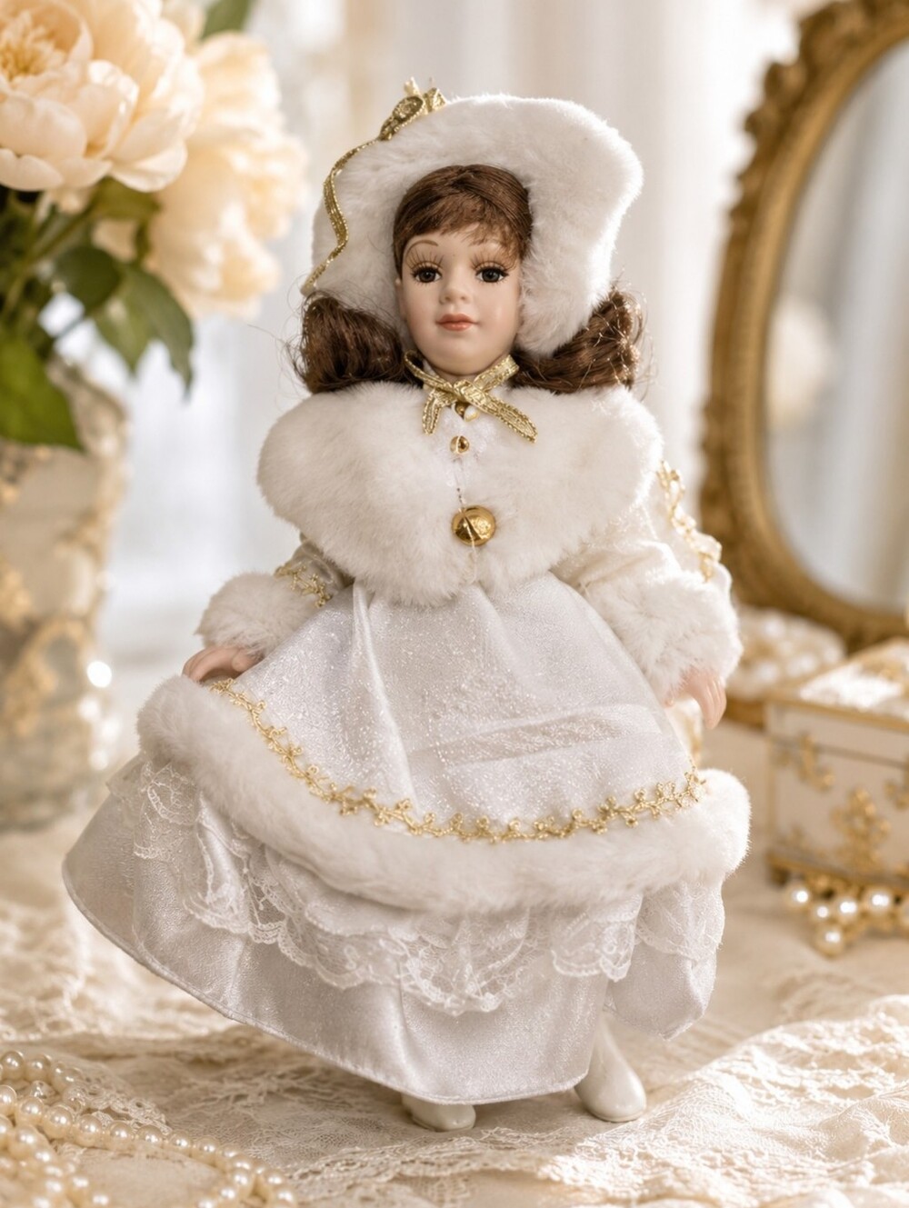Vintage Victorian Winter Porcelain Doll White Faux Fur Christmas Decor 8"